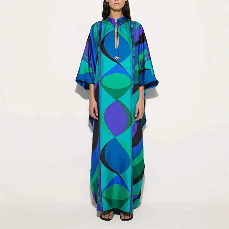 Early Autumn Pattern Printed Party Dress Retro Seven Quarter Sleeve Middle Eastern Dress Ladies O-neck Lace Up Loose Robe Dress