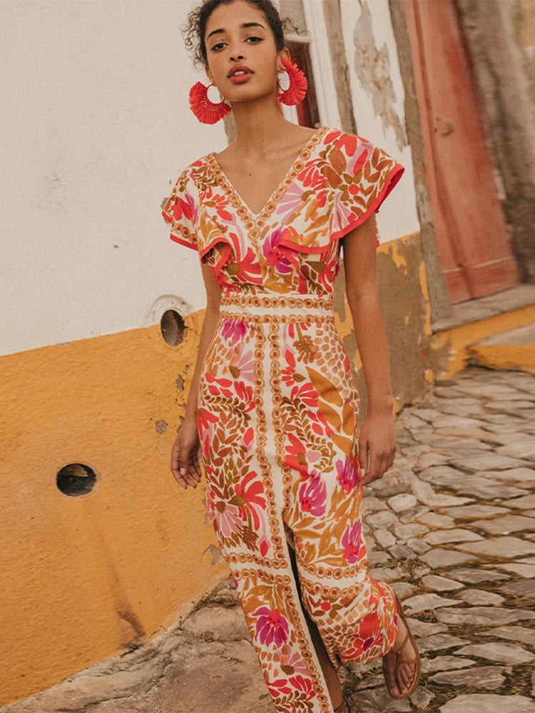 Fashion Flying Sleeved Flower Print Split Maxi Dress Women Fashion V Neck Backless Robes 2024 Summer Chic Female Street Dresses