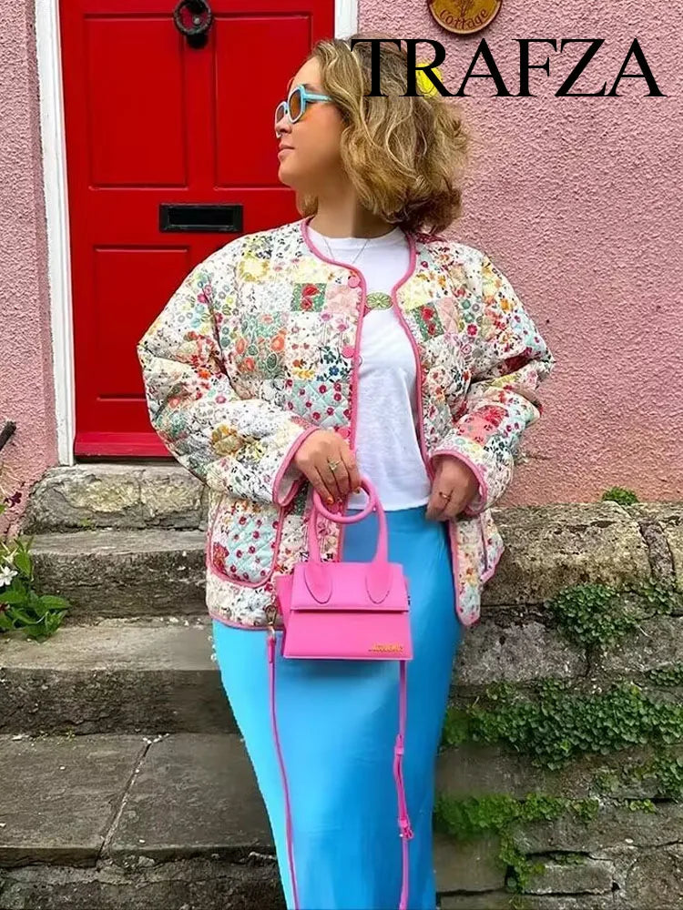 Women Fashion Autumn Winter Floral Print Quilted Jacket