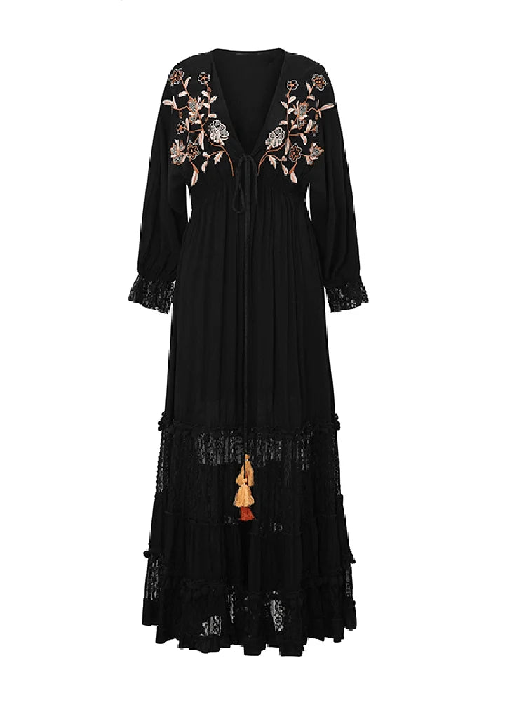 GypsyLady Black Embroidery Maxi Dress Cotton V-neck Long Sleeve Long Boho Tassle V-neck Autumn Dresses for Women Ladies Vestidos