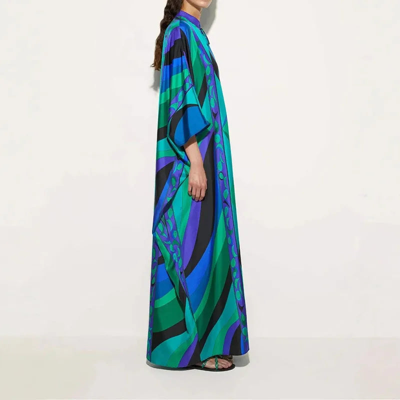 Early Autumn Pattern Printed Party Dress Retro Seven Quarter Sleeve Middle Eastern Dress Ladies O-neck Lace Up Loose Robe Dress