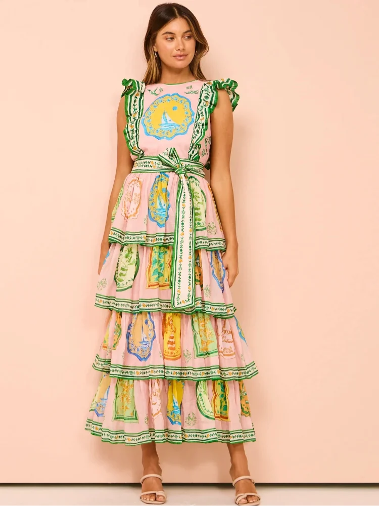 Printed Flying Sleeve Layered Ruffle Edge summer dress