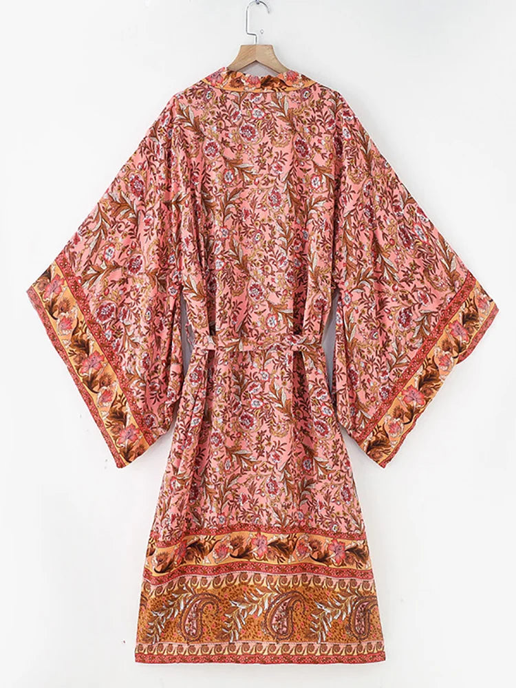 Fitshinling Bohemian Summer Beach Kimono Women Clothing Print Floral Holiday Bikini Cover Up Swimwear Cotton Vintage Cardigan