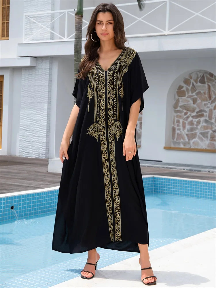 2024 Boho Gold Embroidery Printed Batwing Sleeve Kaftan Dress For Women Sexy V Neck Beachwear Vacation Swimsuit Cover-ups Q1700