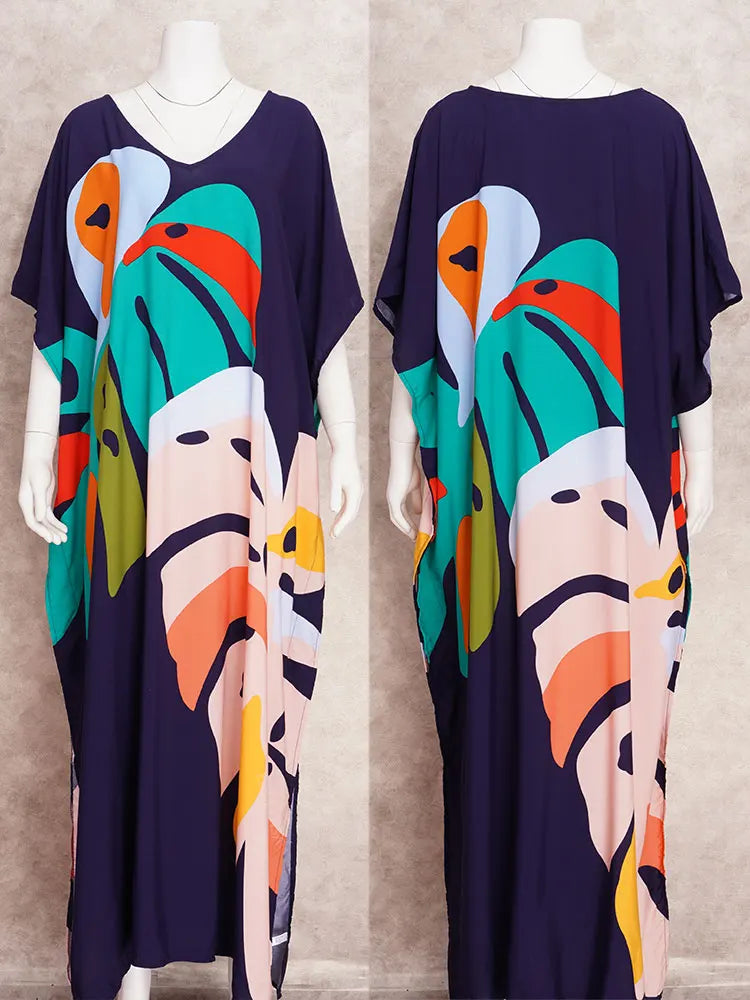 Plus Size Bohemian Black Plant Printed Kaftan Dress 2024 Summer Clothing Women Sundress Beach Wear Maxi Dresses Q1476