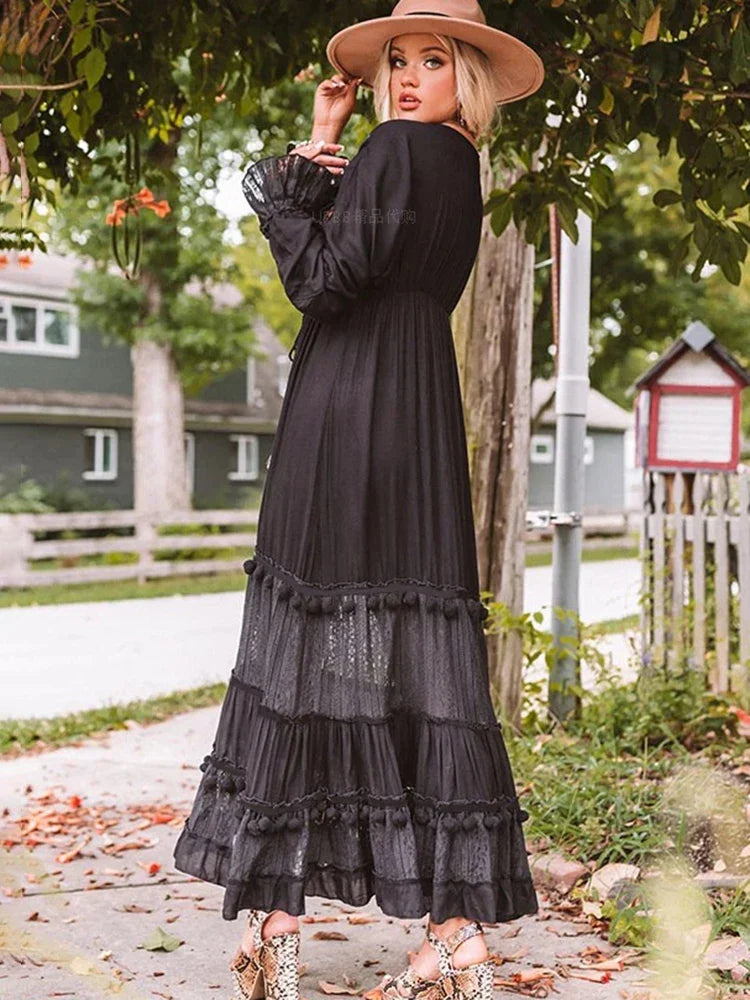 Jastie Bohemian Vintage Embroidered Dress V-Neck Long Sleeve Sexy Robe Floral Print Maxi Dresses for Women 2022 Spring Autumn