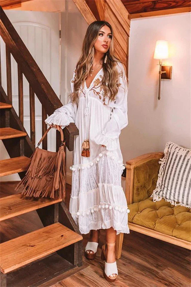 GypsyLady Black Embroidery Maxi Dress Cotton V-neck Long Sleeve Long Boho Tassle V-neck Autumn Dresses for Women Ladies Vestidos