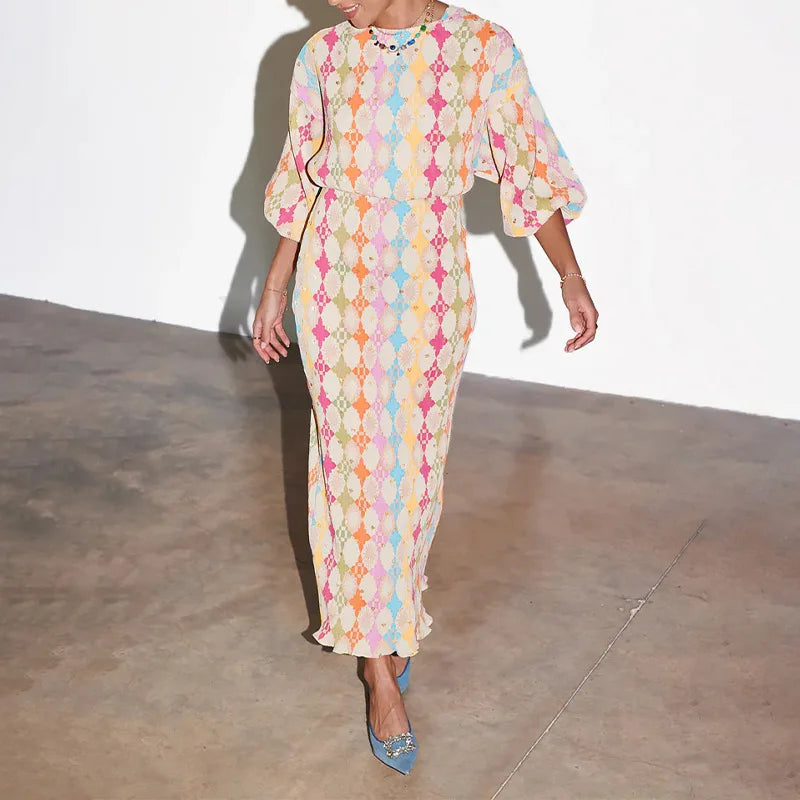 Elegant Women Colorful Print Pleated Midi Dress