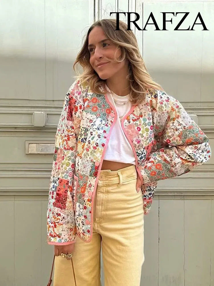 Women Fashion Autumn Winter Floral Print Quilted Jacket