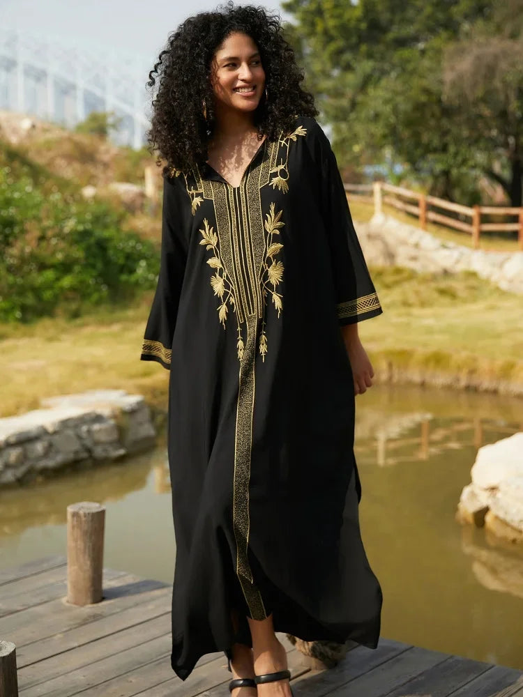 Bohomian Golden Embroidered Women Printed Kaftan House Robe Oversized 2024 Summer Women Beach Wear Lounge Maxi Dresses Q1659