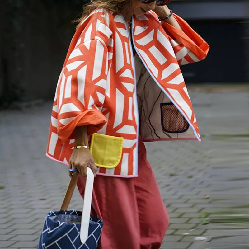 Autumn Winer Women Coat Geometric Print Casual Jacket