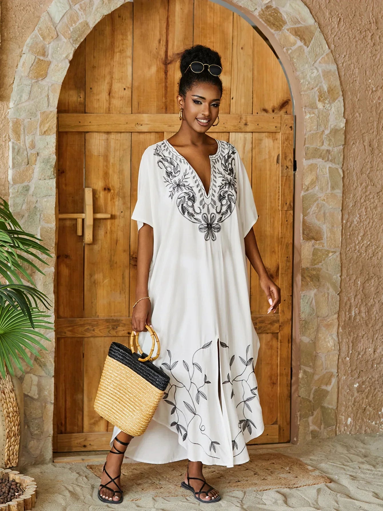Embroidered Bathing Suit Kaftan Dresses Summer Outfit for Women Swimsuit Cover Ups Beach Caftan Maxi Dress