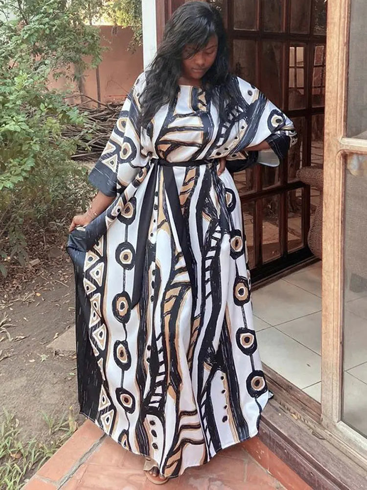 2023 Elegant Long Kaftan Printed V-neck Batwing Sleeve Street Wear Loose Maxi Dresses Women Beach Wear Swim Suit Cover Up Q1341