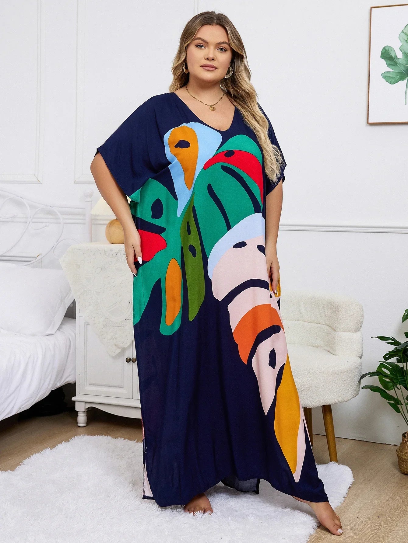 Plus Size Bohemian Black Plant Printed Kaftan Dress 2024 Summer Clothing Women Sundress Beach Wear Maxi Dresses Q1476