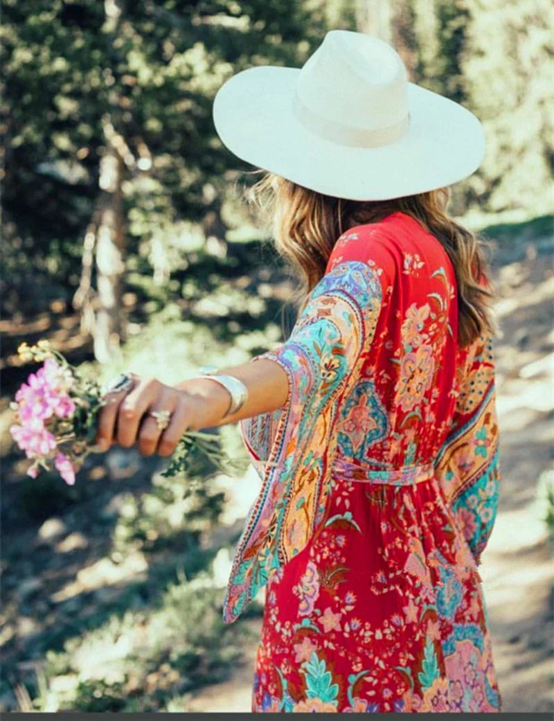 Happie Queens Women Red Floral Print Bat Sleeve Beach Bohemian Kimono Dress Ladies V Neck Sashes Summer Boho Dresses Cover-up