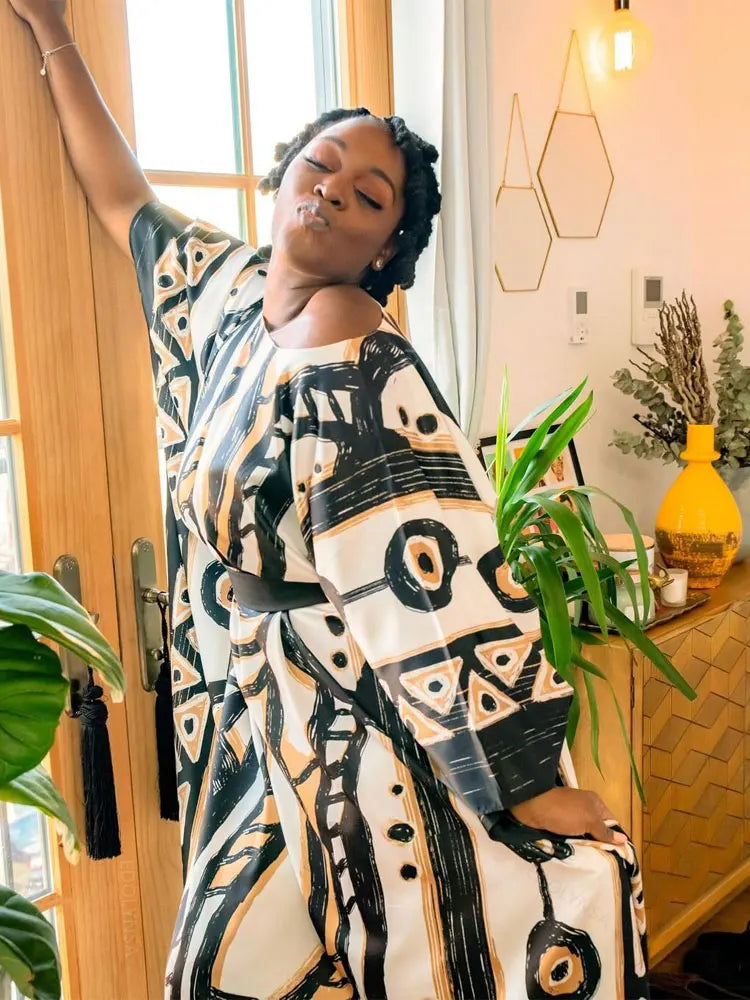 2023 Elegant Long Kaftan Printed V-neck Batwing Sleeve Street Wear Loose Maxi Dresses Women Beach Wear Swim Suit Cover Up Q1341