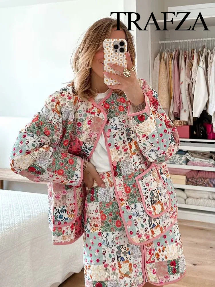 Women Fashion Autumn Winter Floral Print Quilted Jacket