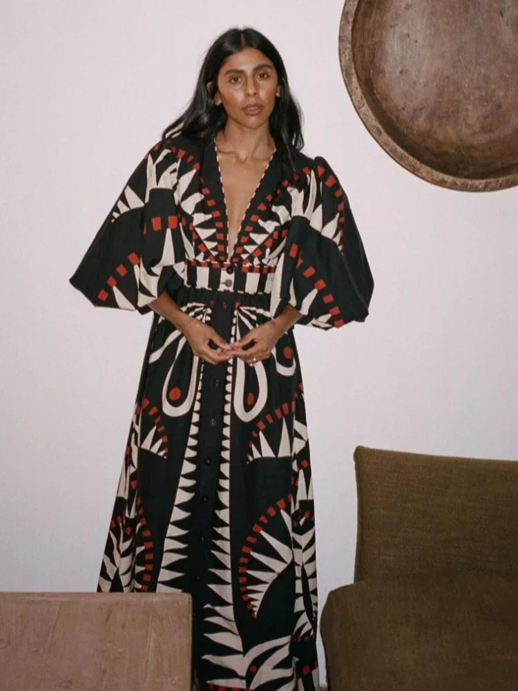 Midi Dress Elegant Puff Long Sleeves