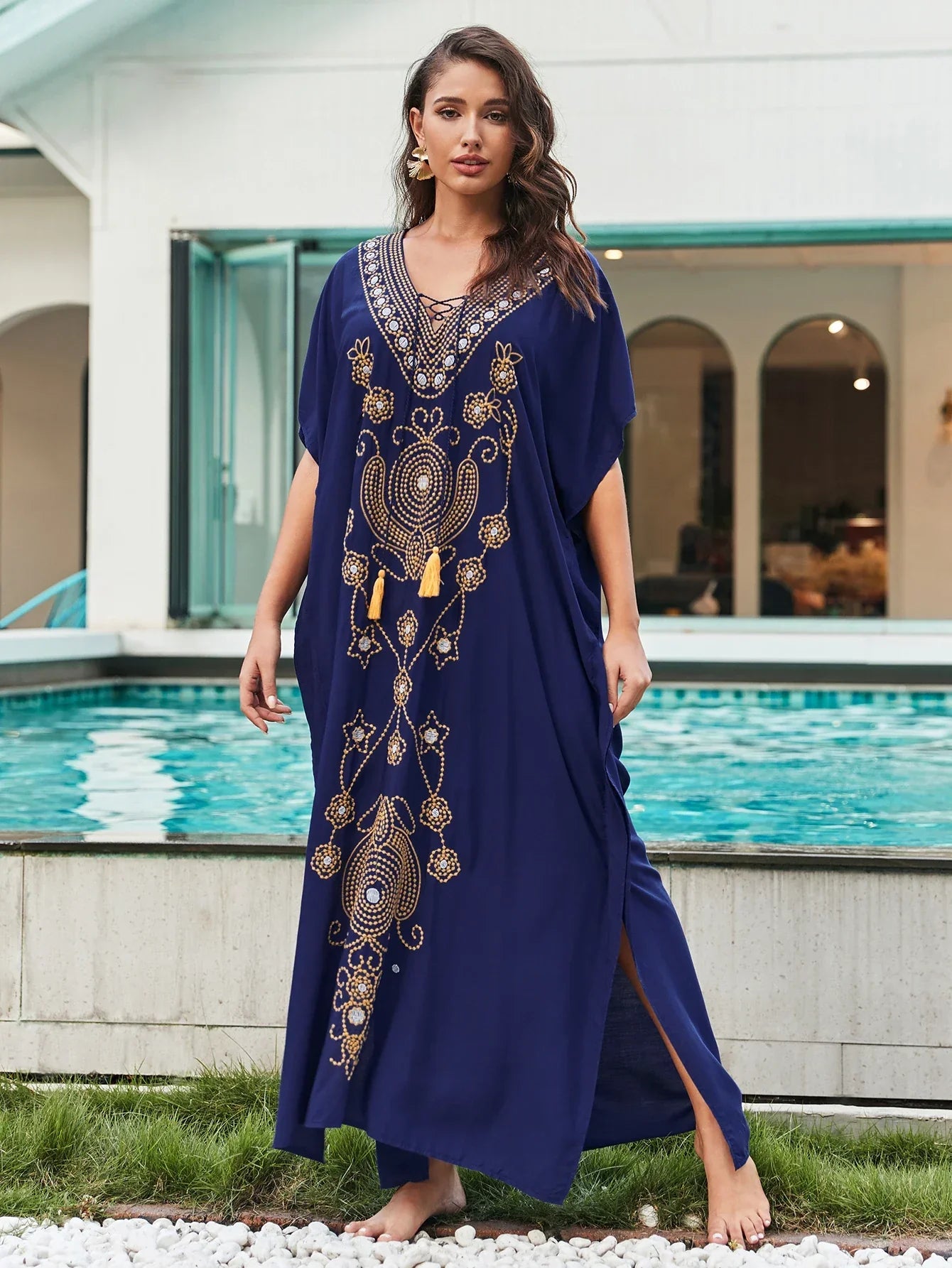 Deep V Neck Embroidery Printed Plus Size Kaftn