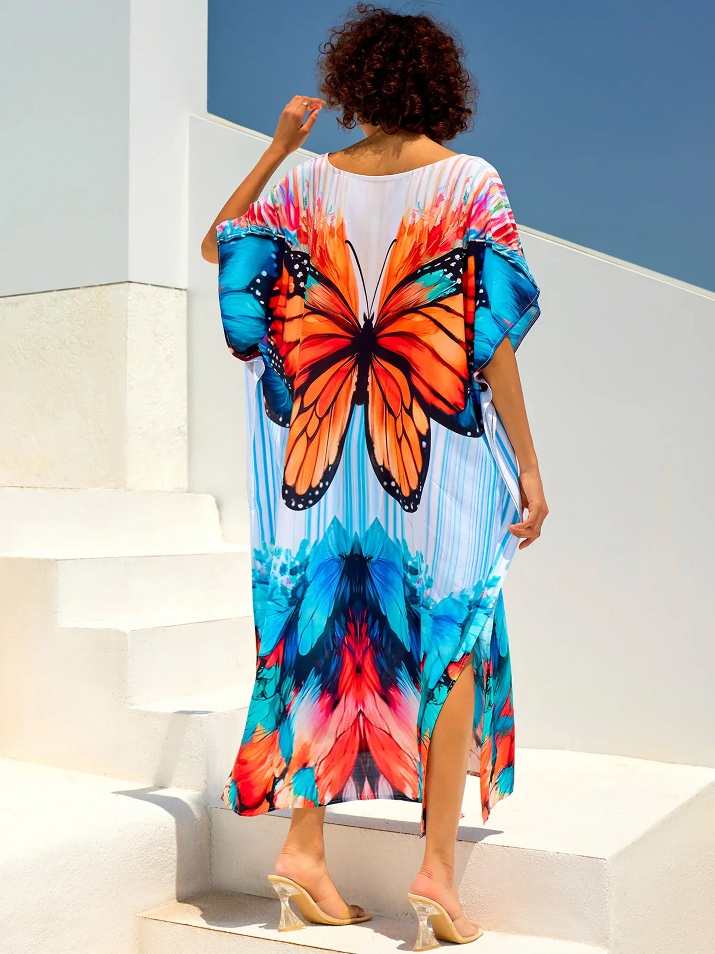 2024 Plus Size Summer Dress For Women Clothing Bohemian Butterfly Printed V Neck Short Sleeve Side Split Maxi Dresses Q1674