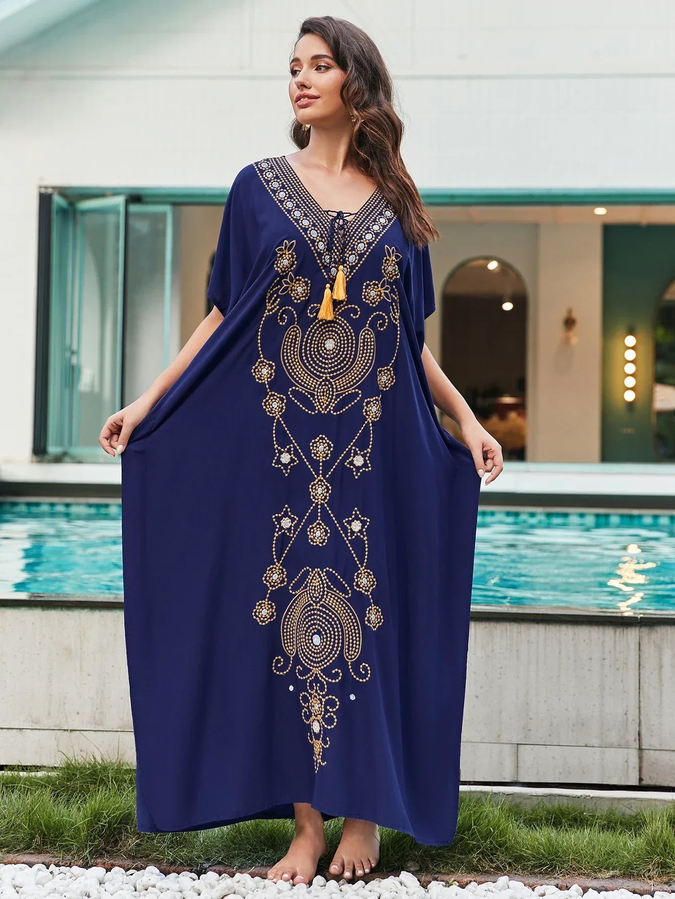 Deep V Neck Embroidery Printed Plus Size Kaftn