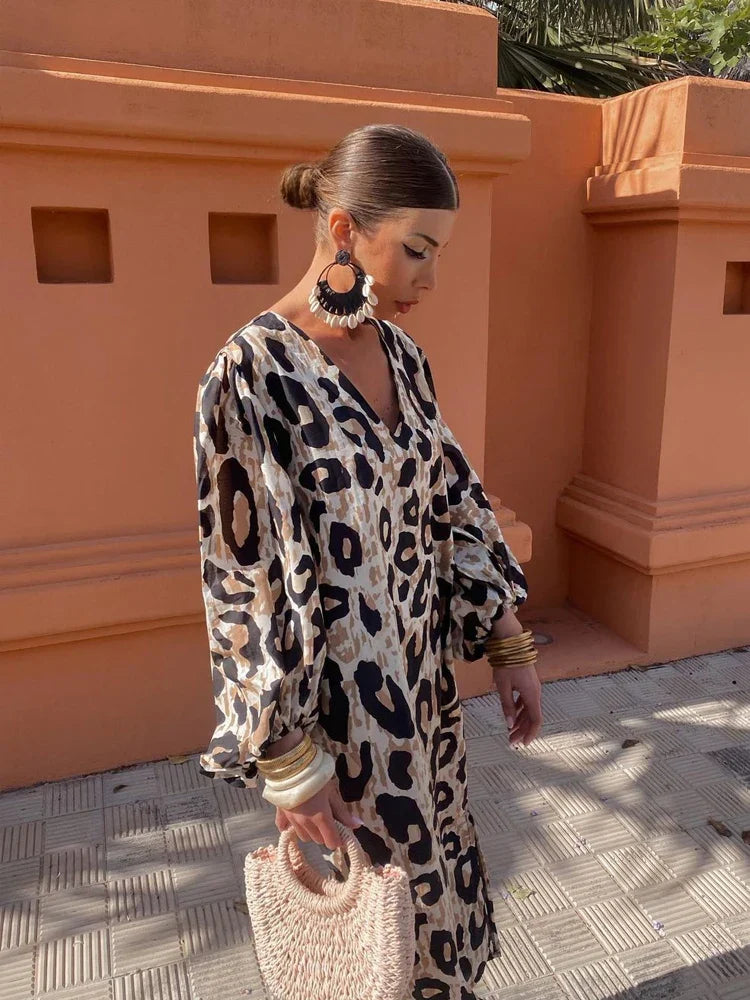 Fashion Leopard Maxi Dress Women's Summer Sexy V-neck Loose Long Sleeve Printing Dresses Female Elegant Beach Holiday Lady Robe