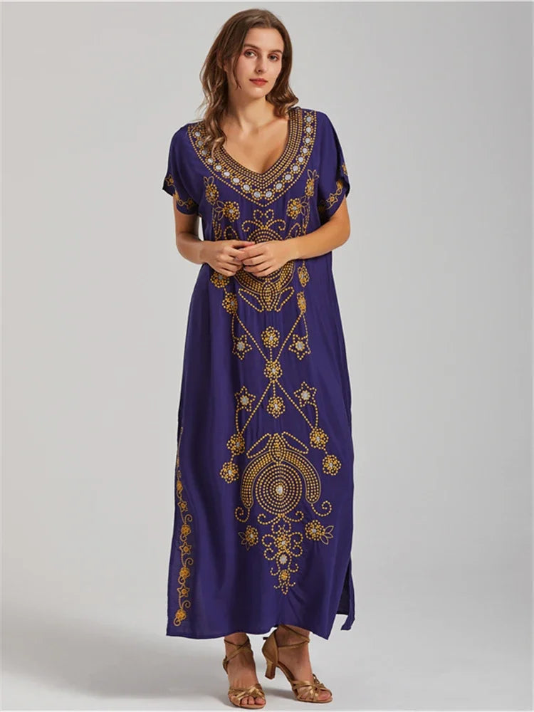 Embroidery Robe V-neck Batwing Sleeve Beach Maxi Dress