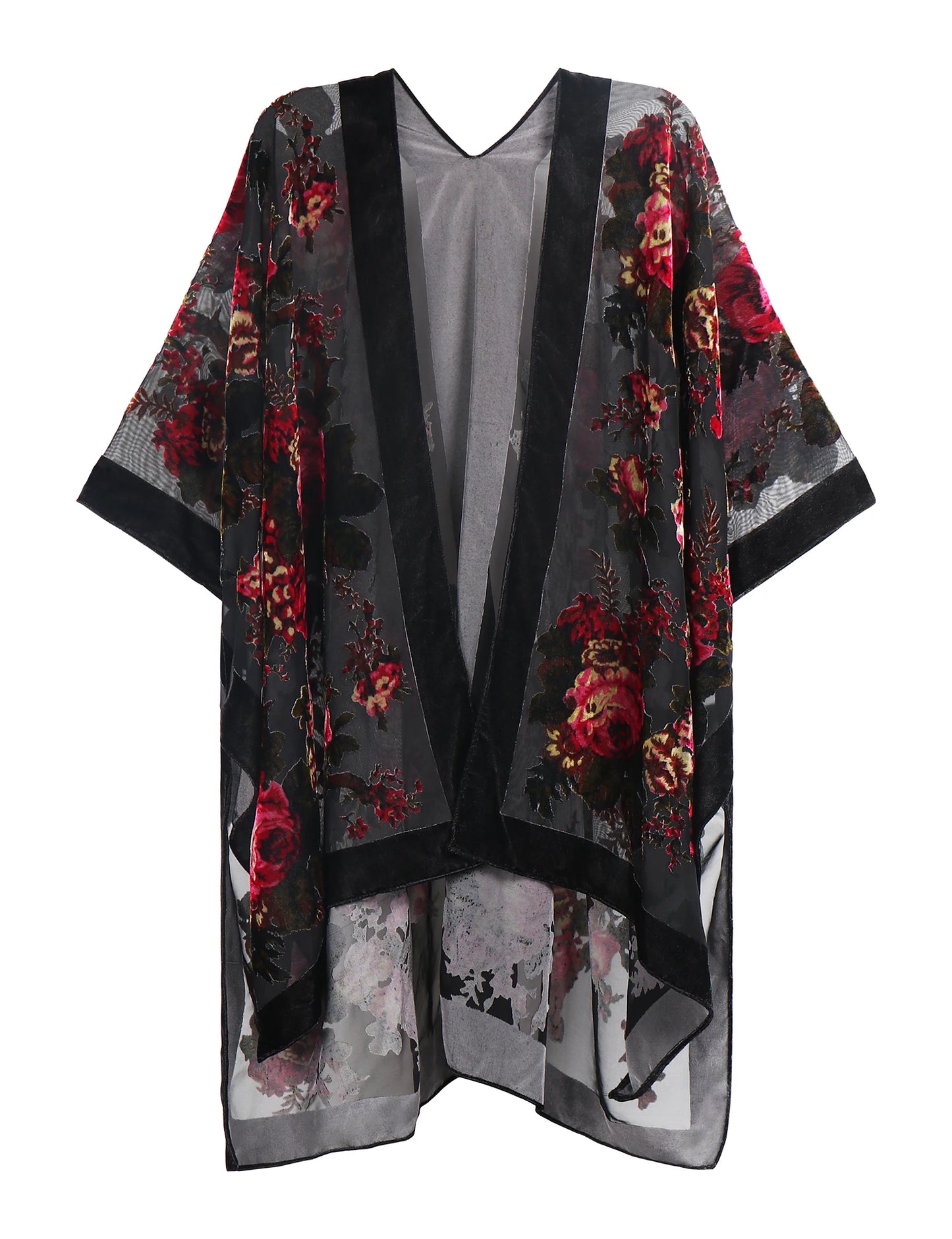 WeHello Bohemian Women's Burnout Velvet Kimono Long Cardigan With Beach Coverup Luxury Holiday Cardigan Shawl Tassel Chiffon