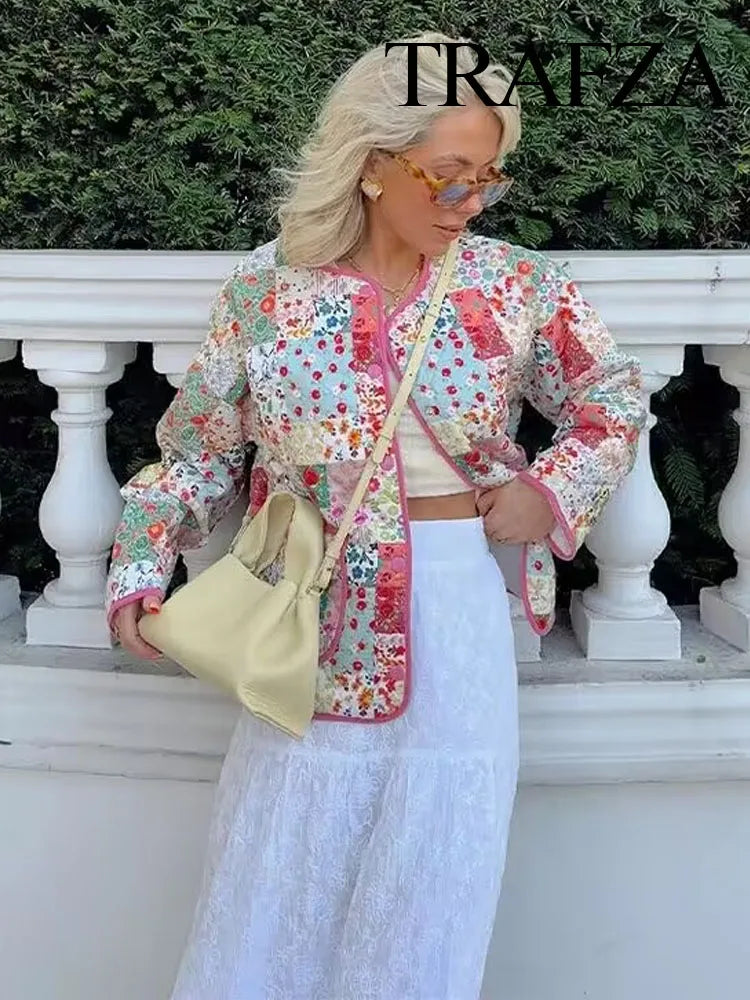 Women Fashion Autumn Winter Floral Print Quilted Jacket