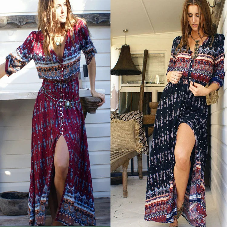 Fashion Print Boho Maxi Beach Dress