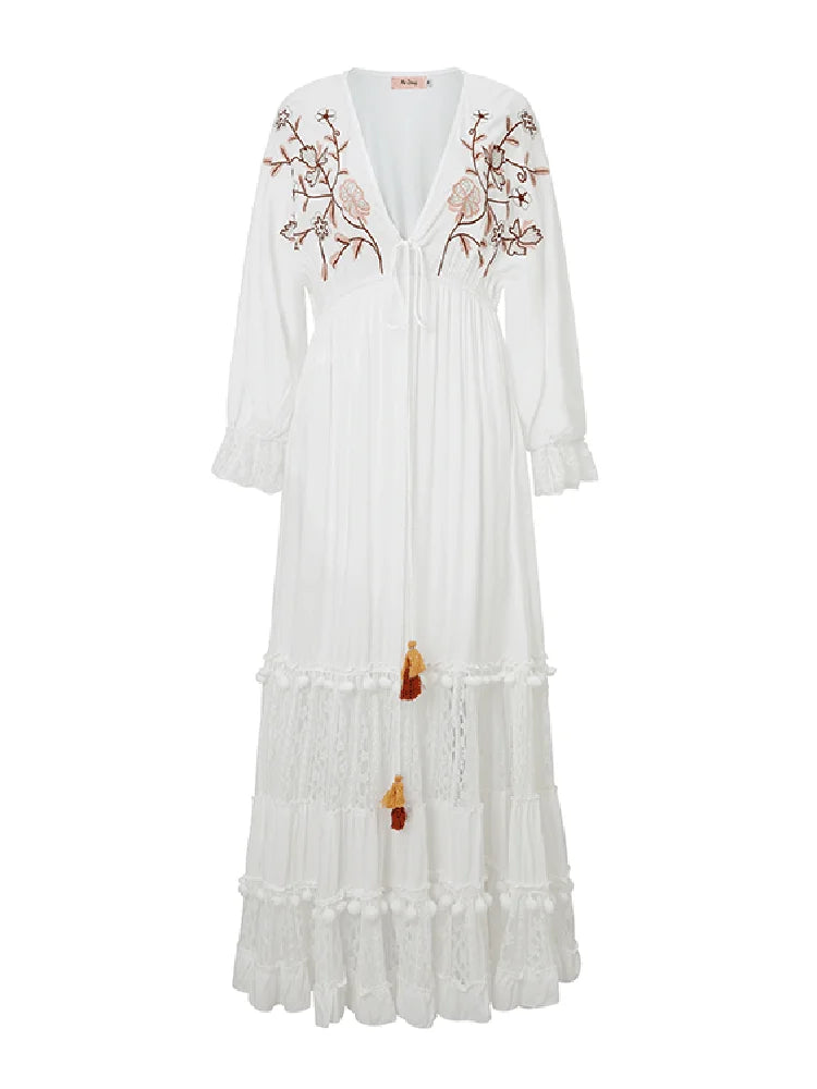 Jastie Bohemian Vintage Embroidered Dress V-Neck Long Sleeve Sexy Robe Floral Print Maxi Dresses for Women 2022 Spring Autumn