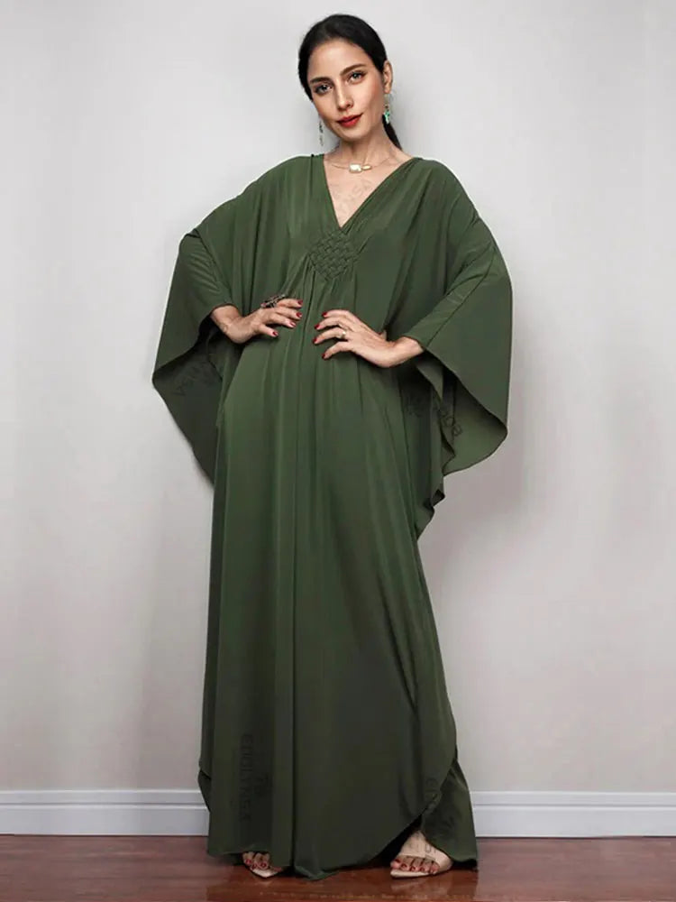 Solid V-neck Batwing Sleeve Plus Size Kaftan