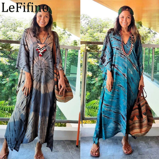 Summer Tie Dyed V-neck Cotton Beach Outwear Vacation Long Dress - Kaftans direct