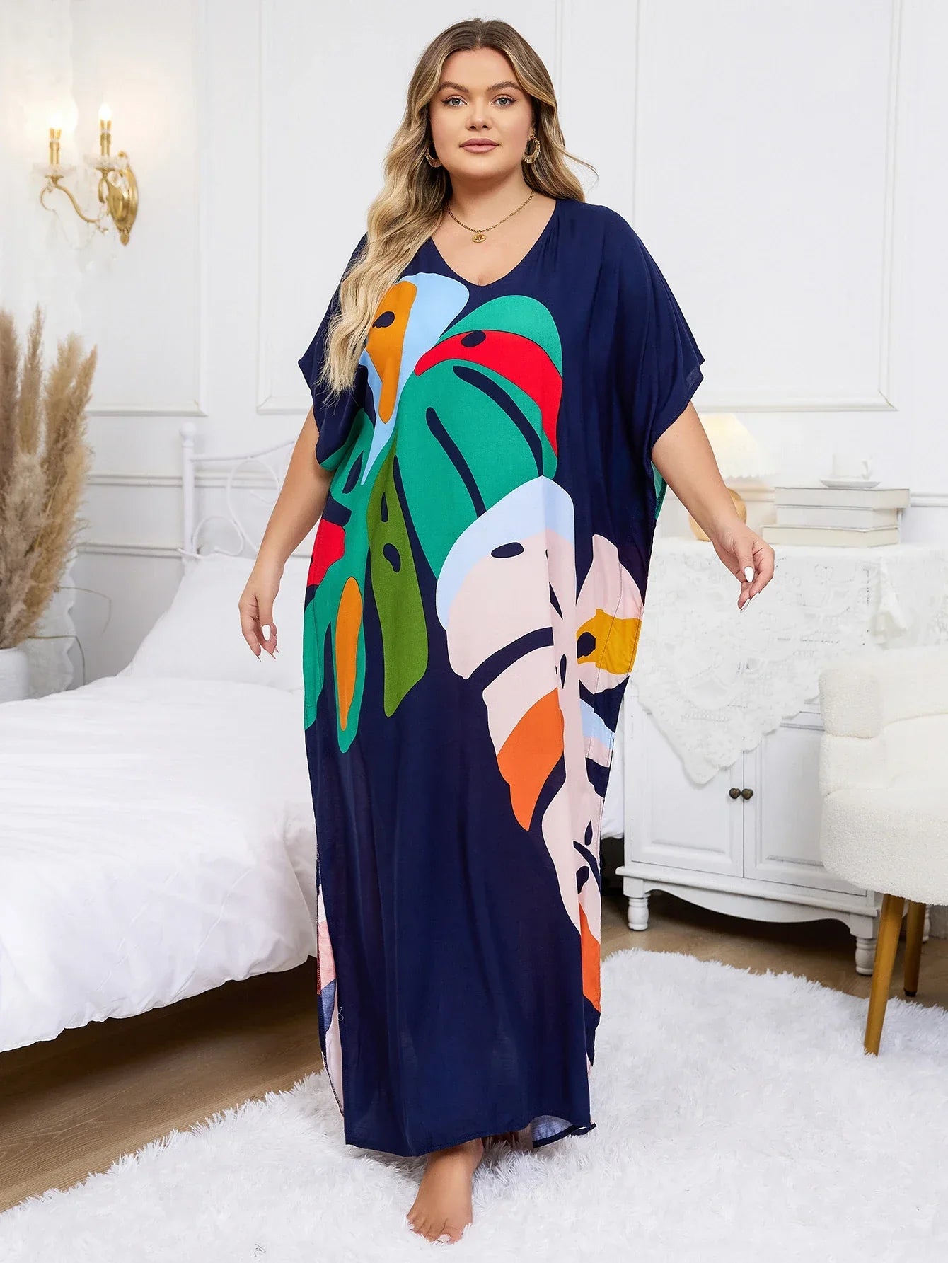 Plus Size Bohemian Black Plant Printed Kaftan Dress 2024 Summer Clothing Women Sundress Beach Wear Maxi Dresses Q1476