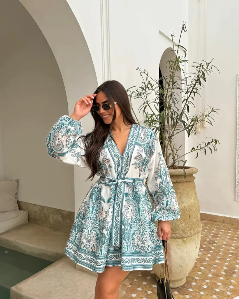 Elegant Printed V Neck Lace Up Long Sleeve Dress
