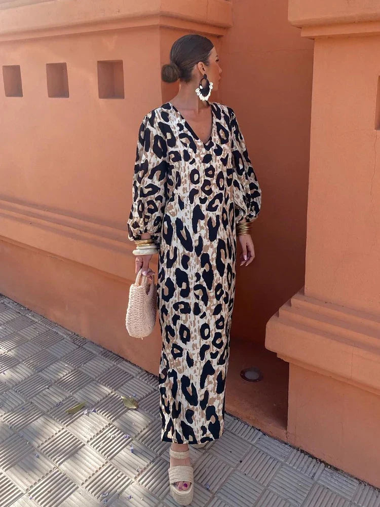 Fashion Leopard Maxi Dress Women's Summer Sexy V-neck Loose Long Sleeve Printing Dresses Female Elegant Beach Holiday Lady Robe
