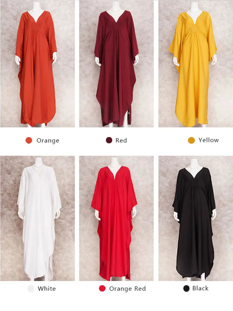 Solid V-neck Batwing Sleeve Plus Size Kaftan