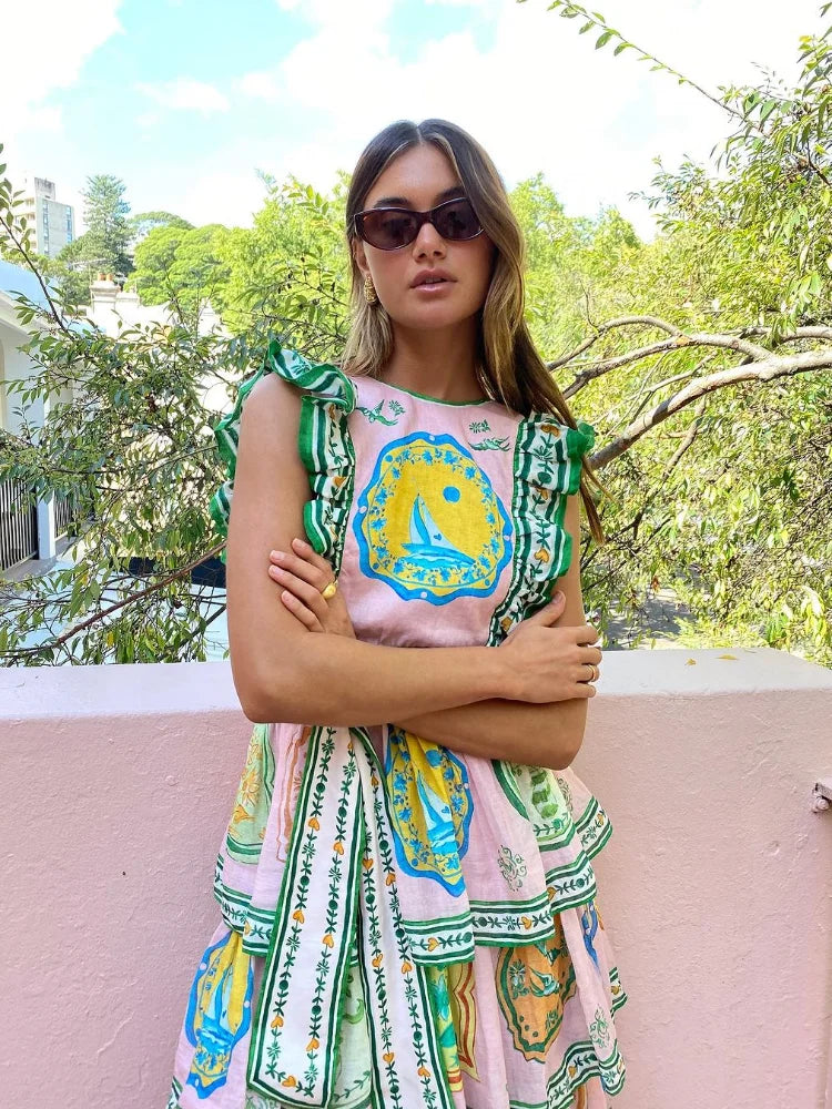 Printed Flying Sleeve Layered Ruffle Edge summer dress