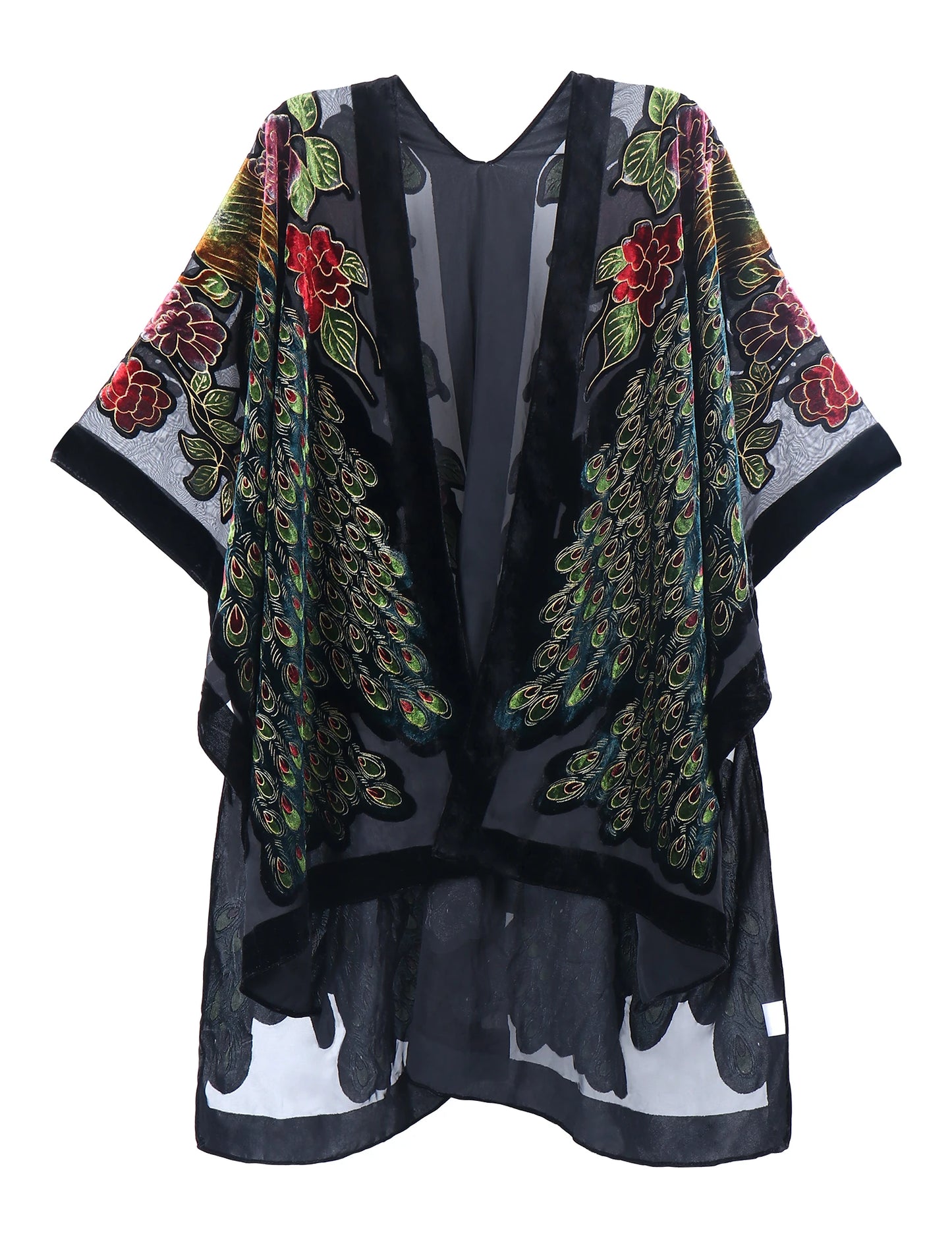 WeHello Bohemian Women's Burnout Velvet Kimono Long Cardigan With Beach Coverup Luxury Holiday Cardigan Shawl Tassel Chiffon