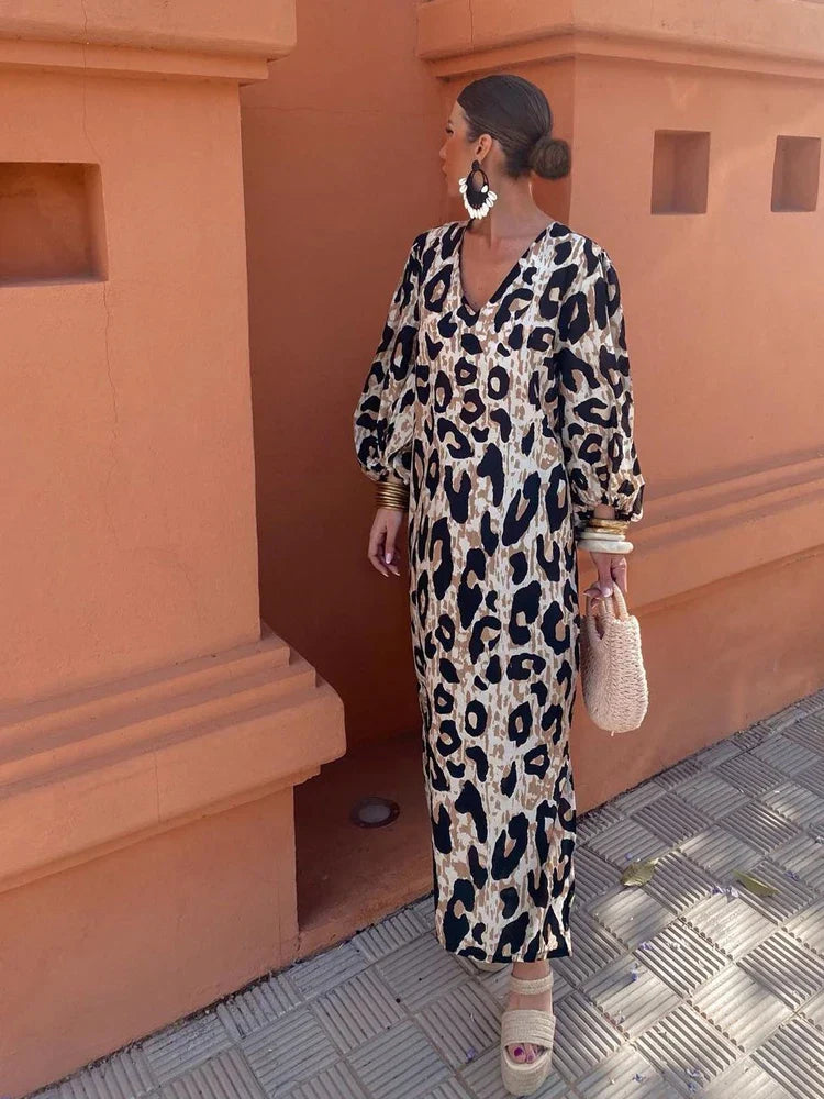 Fashion Leopard Maxi Dress Women's Summer Sexy V-neck Loose Long Sleeve Printing Dresses Female Elegant Beach Holiday Lady Robe