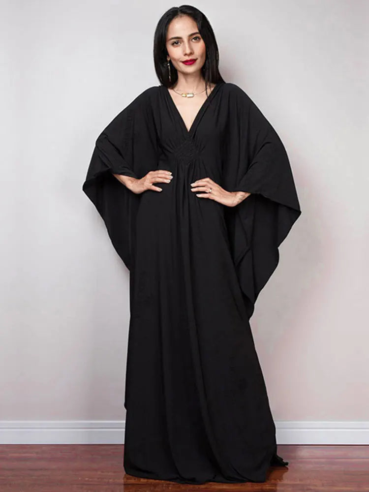 Solid V-neck Batwing Sleeve Plus Size Kaftan