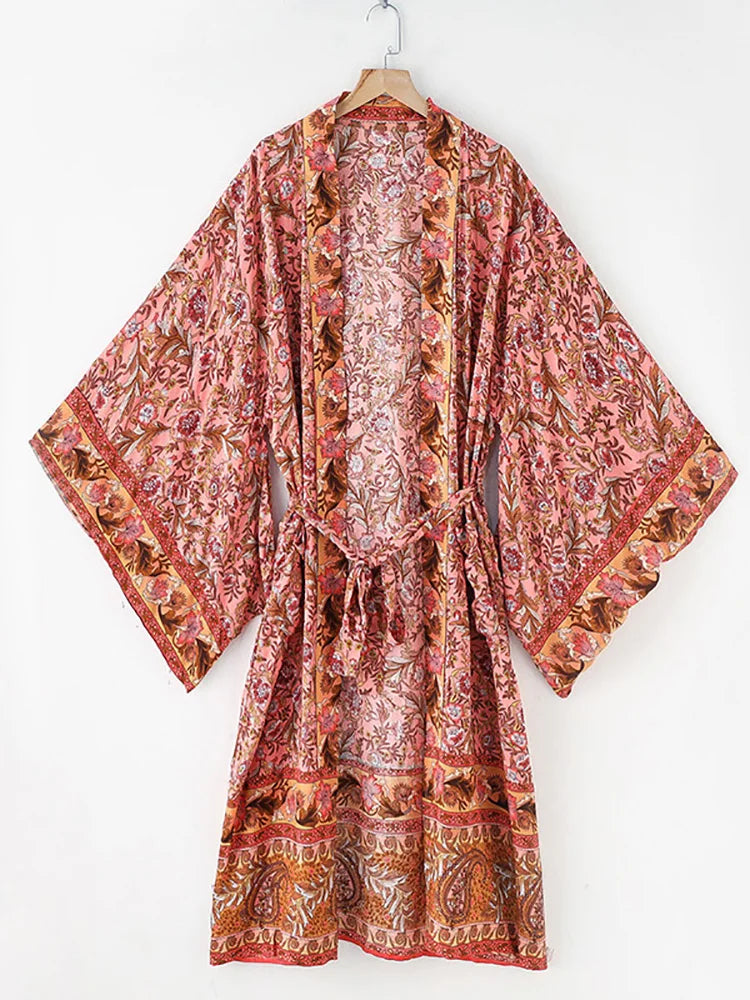 Fitshinling Bohemian Summer Beach Kimono Women Clothing Print Floral Holiday Bikini Cover Up Swimwear Cotton Vintage Cardigan