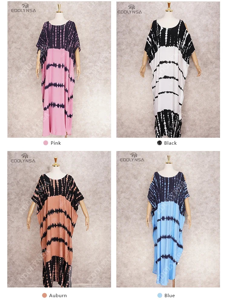 Sexy Boho Tie dye Printed O-Neck Summer Dress For Women 2024 Long Kimono Tunic Plus Size Beach Wear Dresses Clothing Q1244
