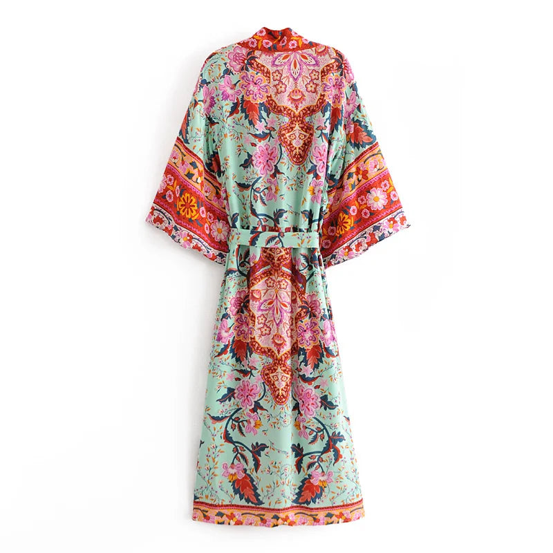 Happie Queens Women Green Peacock Print Bat Sleeve Beach Bohemian Kimono Robe