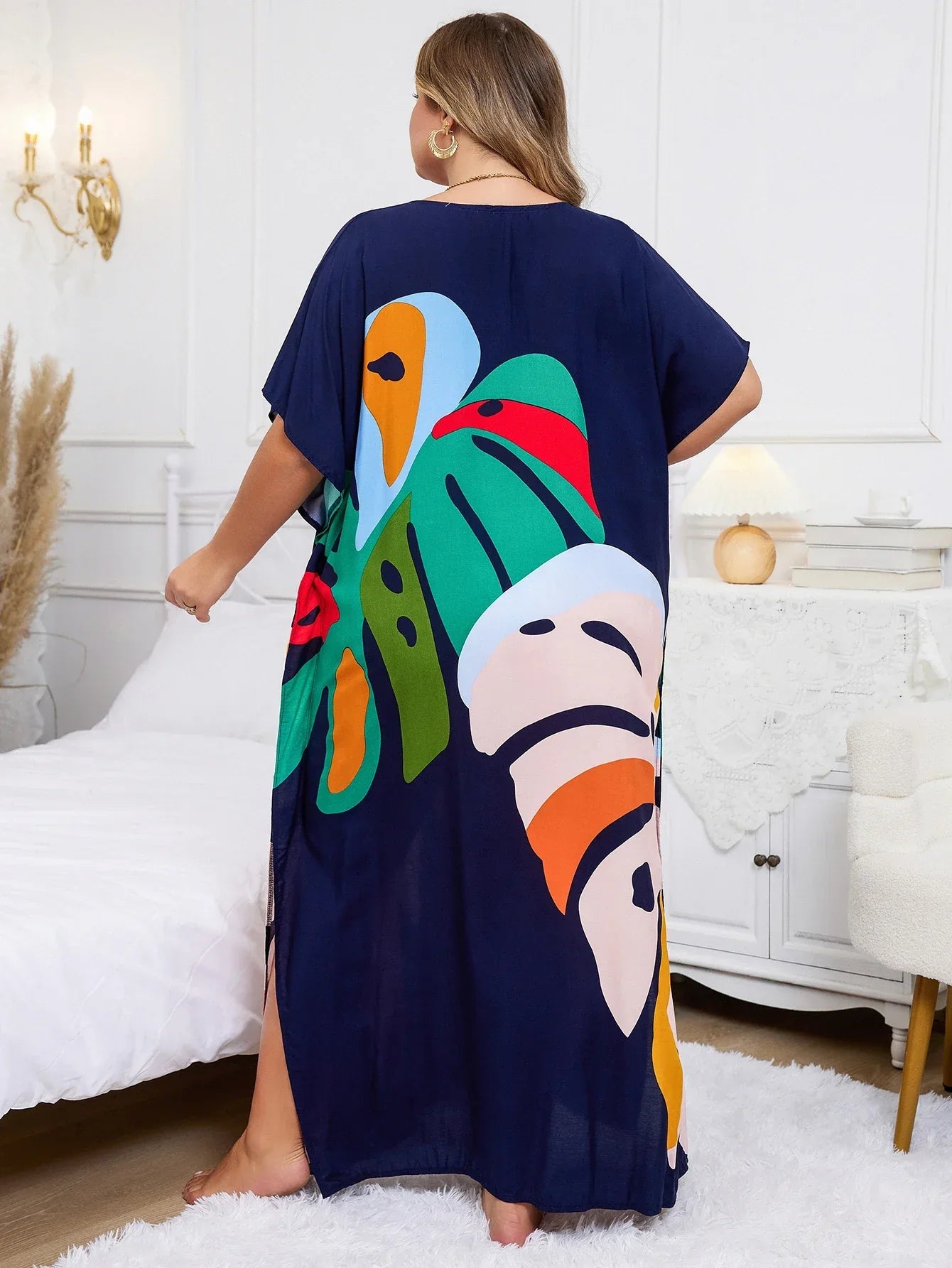 Plus Size Bohemian Black Plant Printed Kaftan Dress 2024 Summer Clothing Women Sundress Beach Wear Maxi Dresses Q1476
