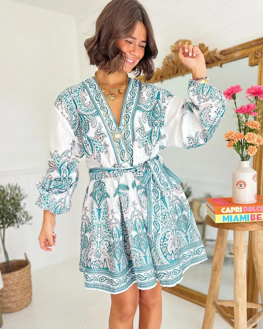 Elegant Printed V Neck Lace Up Long Sleeve Dress