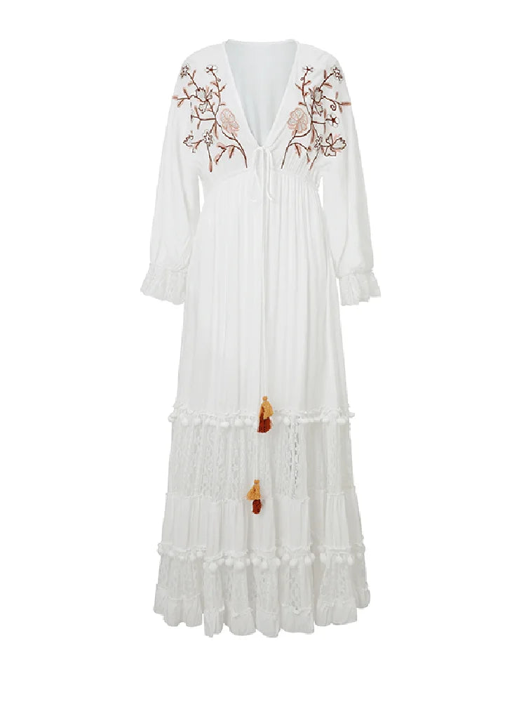 GypsyLady Black Embroidery Maxi Dress Cotton V-neck Long Sleeve Long Boho Tassle V-neck Autumn Dresses for Women Ladies Vestidos