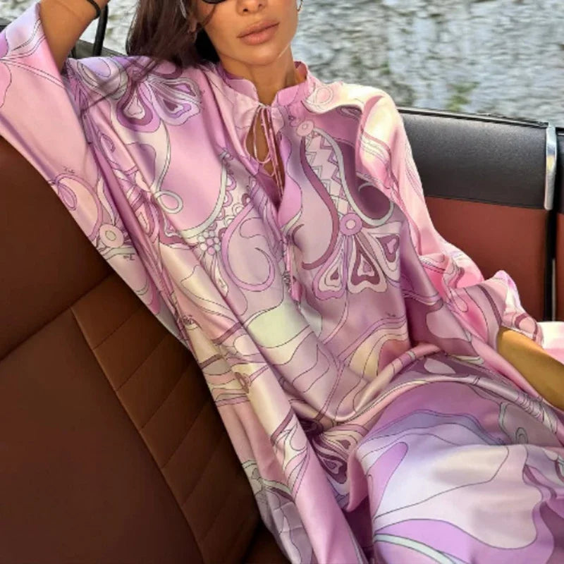 Early Autumn Pattern Printed Party Dress Retro Seven Quarter Sleeve Middle Eastern Dress Ladies O-neck Lace Up Loose Robe Dress