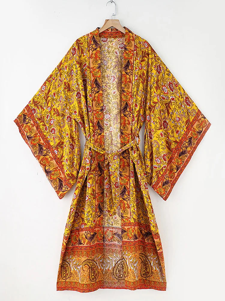 Fitshinling Bohemian Summer Beach Kimono Women Clothing Print Floral Holiday Bikini Cover Up Swimwear Cotton Vintage Cardigan