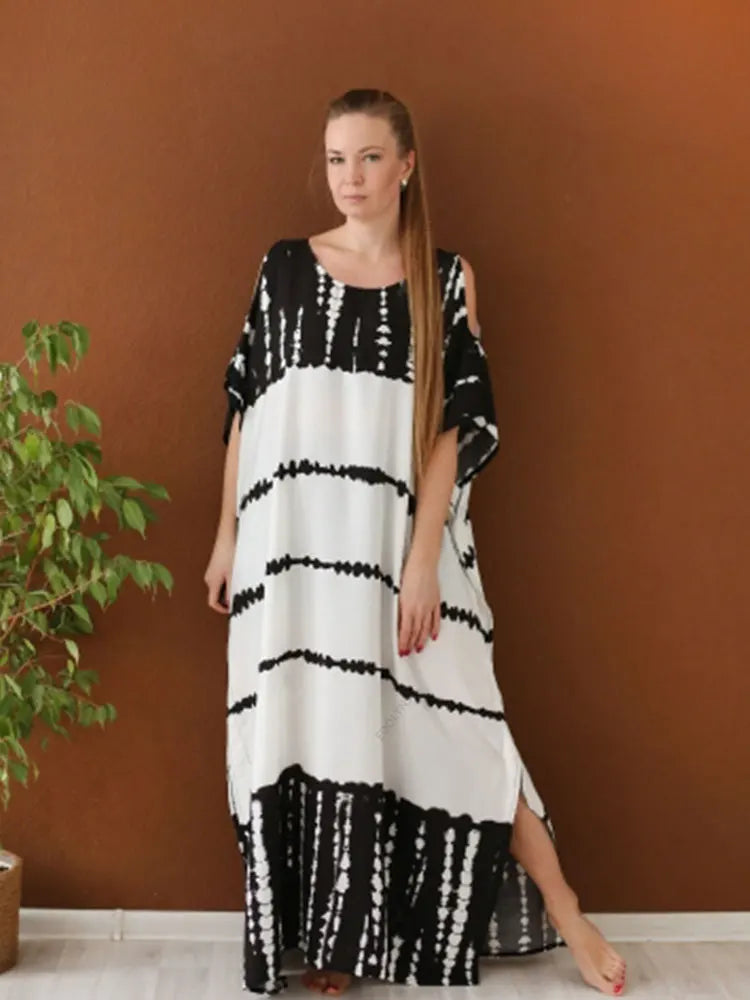 Sexy Boho Tie dye Printed O-Neck Summer Dress For Women 2024 Long Kimono Tunic Plus Size Beach Wear Dresses Clothing Q1244